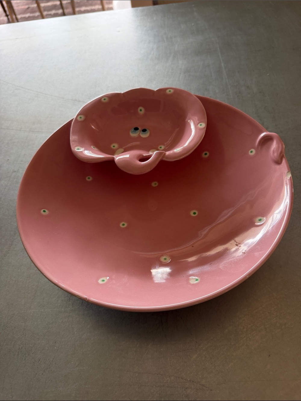 Vintage Fitz & Floyd 1985 Pink Ceramic Chip & Dip Serving Platter Japan